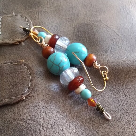 Mixed Gemstones! SouthWestern Stacked Earrings! Unique + Colorful Fall Danglers - Picture 4 of 7